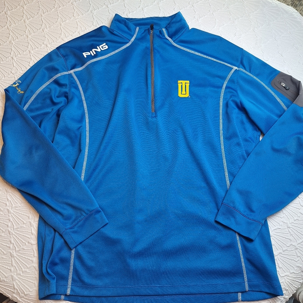 Ping blue quarter-zip pullover featuring TU team graphics. XL